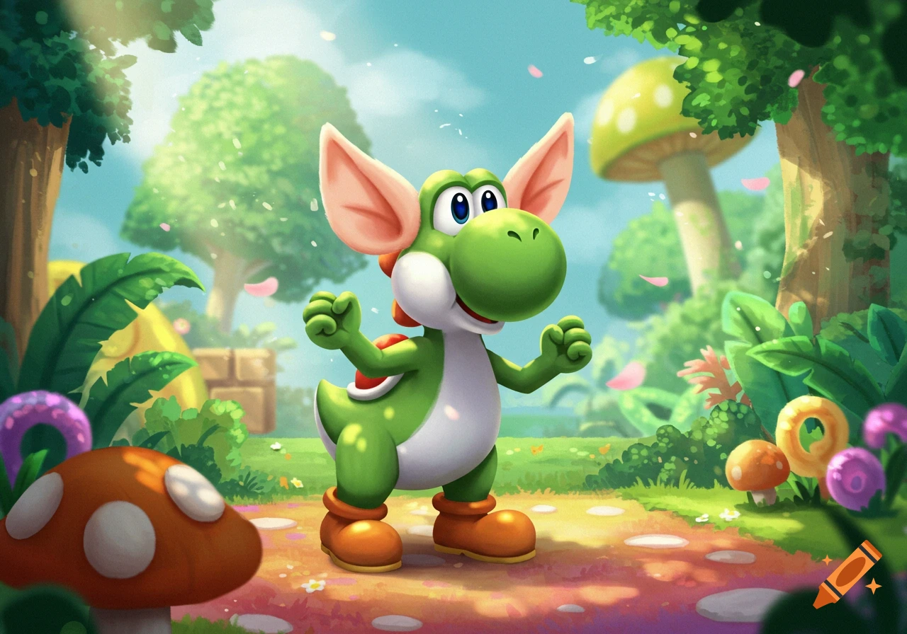 A cartoon Yoshi with large human ears stands on a path in a vibrant fantasy forest with mushrooms and falling petals.