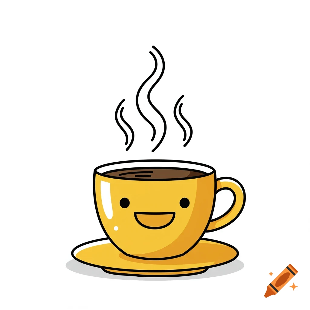 Cute cartoon illustration of a happy yellow coffee cup with steam rising, on a saucer.