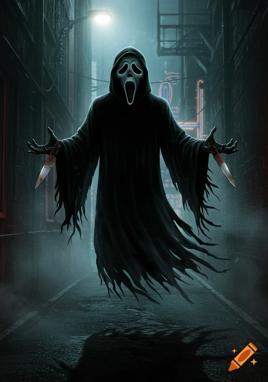 Ghostface, holding two bloody knives, floats ominously in a dark, misty alleyway.