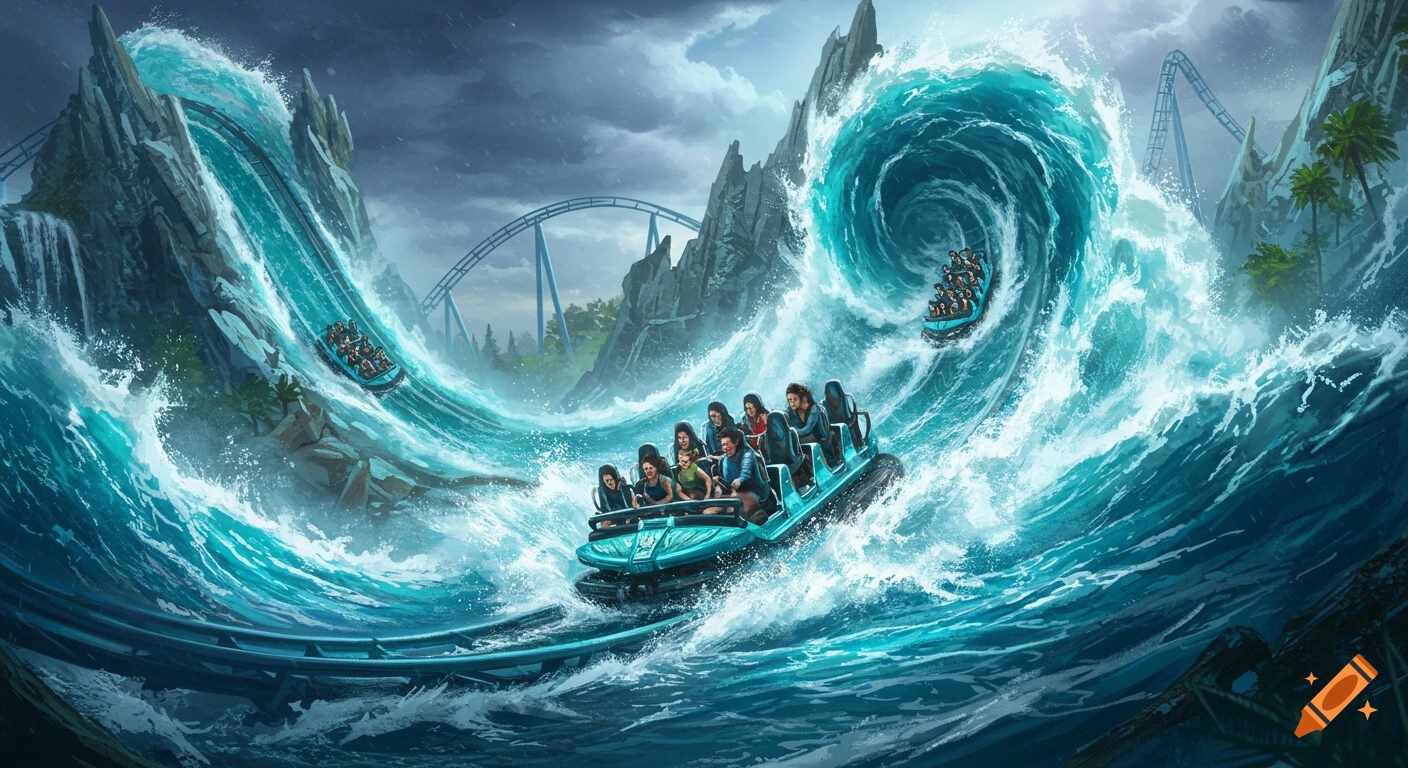 People scream as a turquoise roller coaster boat plunges down a water slide, surrounded by enormous crashing waves in a dramatic theme park.