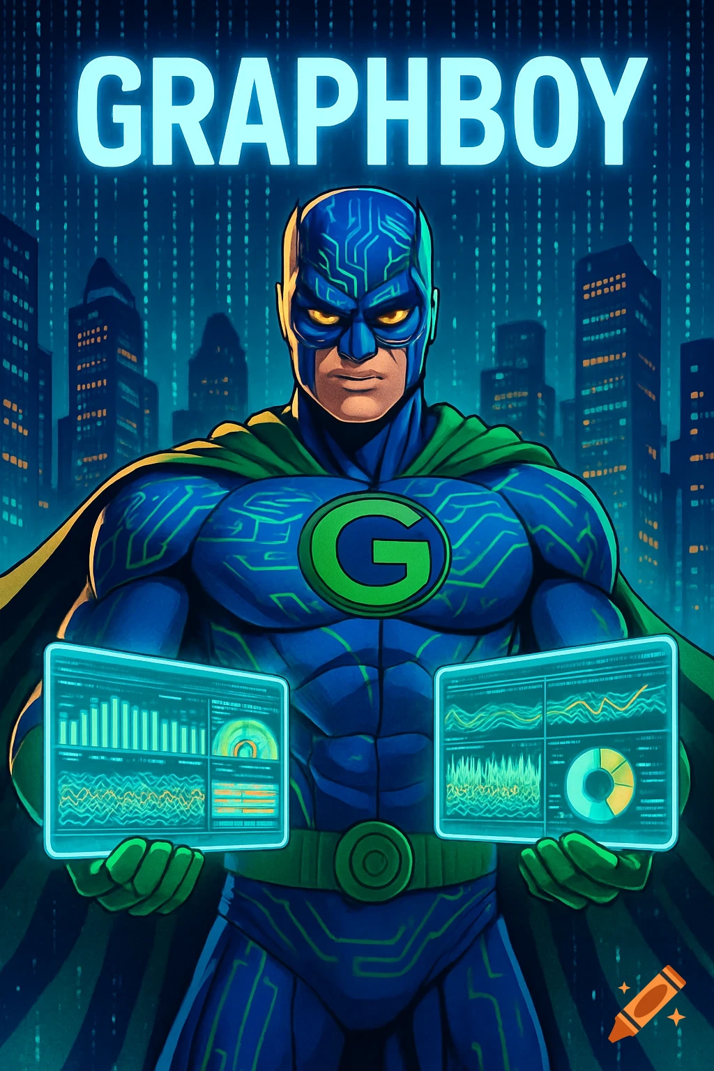 A comic book style superhero named GraphBoy in a blue suit and green cape, holding two glowing data dashboards in a city with digital rain.