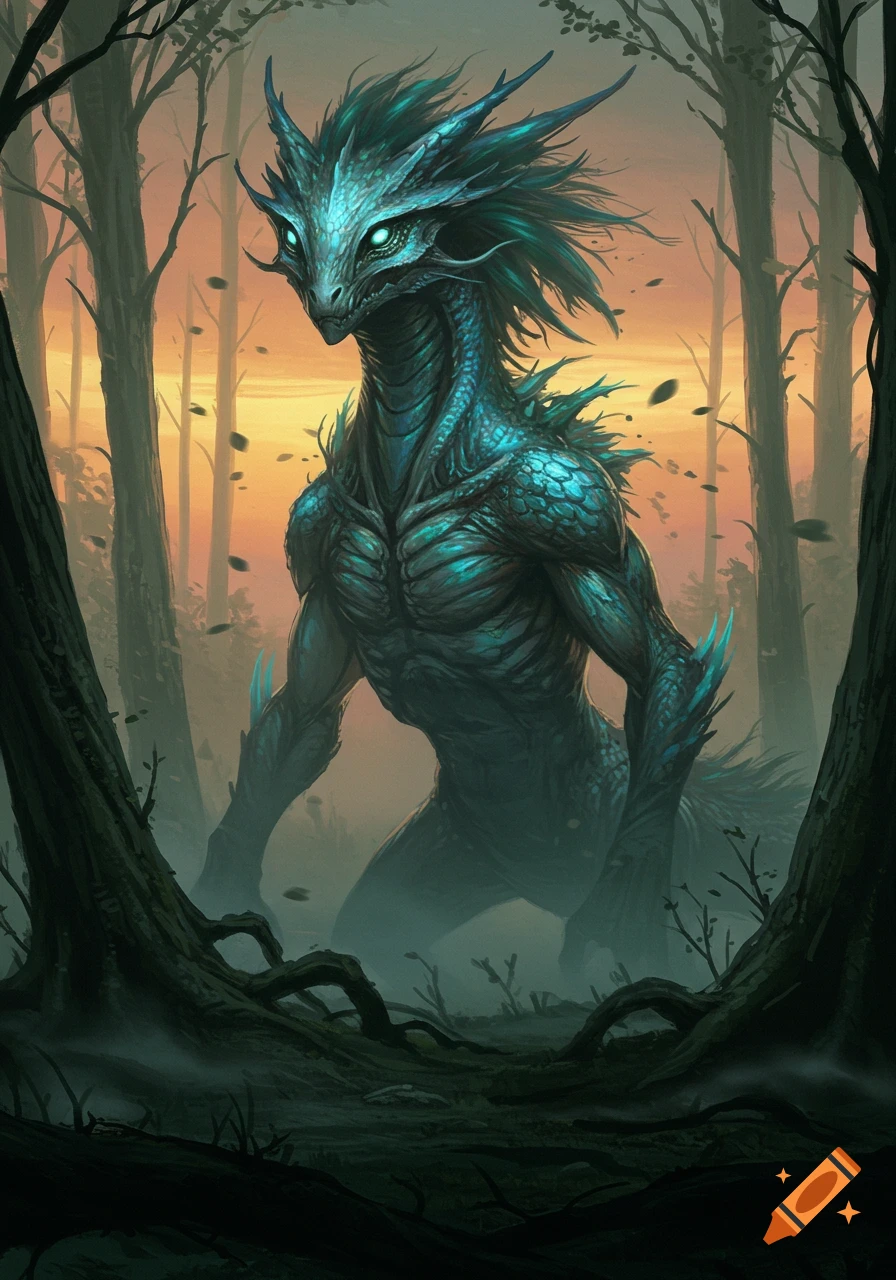 A majestic bipedal blue-green scaly monster with glowing eyes stands in a misty, dark forest at sunset.