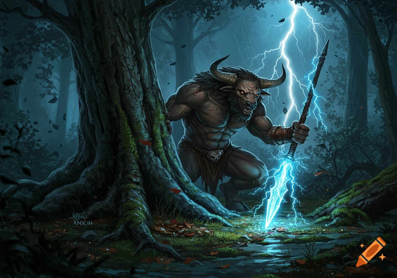 Muscular minotaur with horns and red eyes, holding a glowing lightning spear in a dark, misty forest, digital painting.