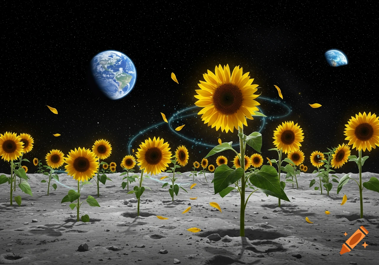 A vibrant field of glowing sunflowers grows on the moon's surface under a dark, starry sky with Earth visible in the distance.