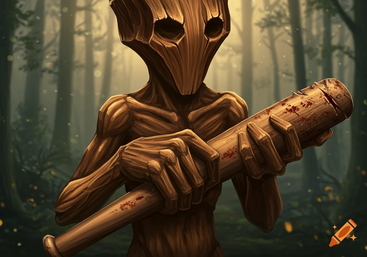 A stylized wooden creature with a tree-like face stands in a forest, holding a blood-stained baseball bat.