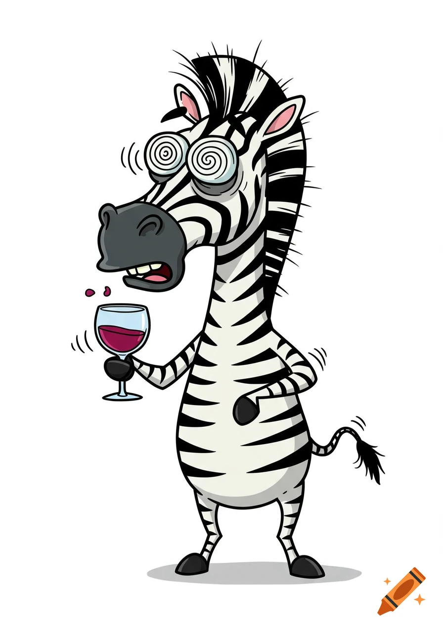 A cartoon zebra with swirly eyes looking dizzy, holding a glass of red wine, on a white background.