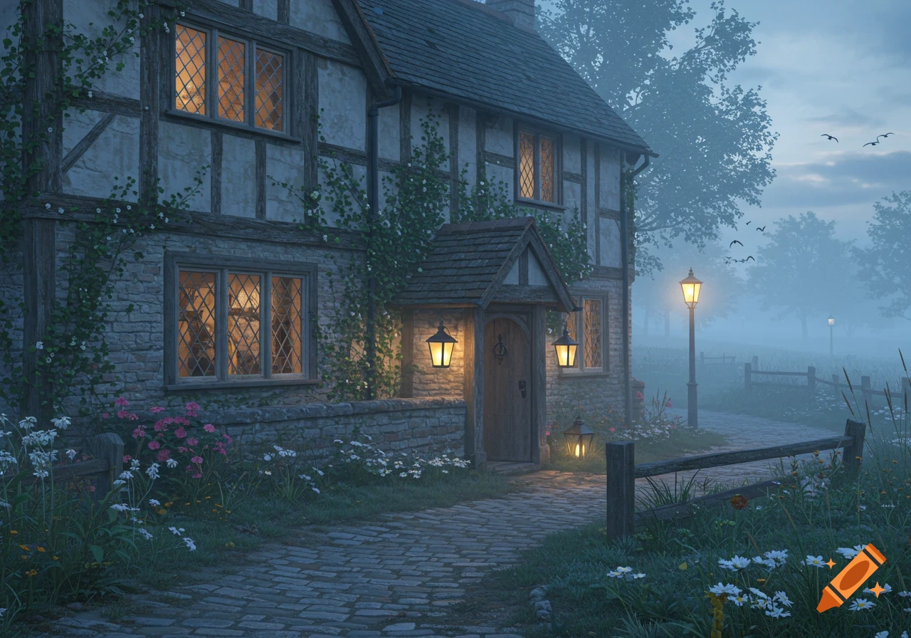 A cozy old English pub inn with glowing windows, surrounded by misty fields and blooming flowers in the early morning.