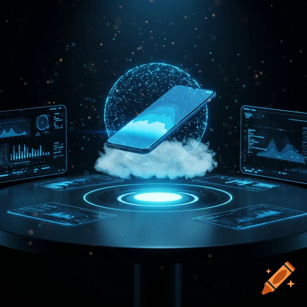 Futuristic smartphone floating above a cloud and glowing ring, surrounded by holographic data screens in a dark, blue-lit setting.