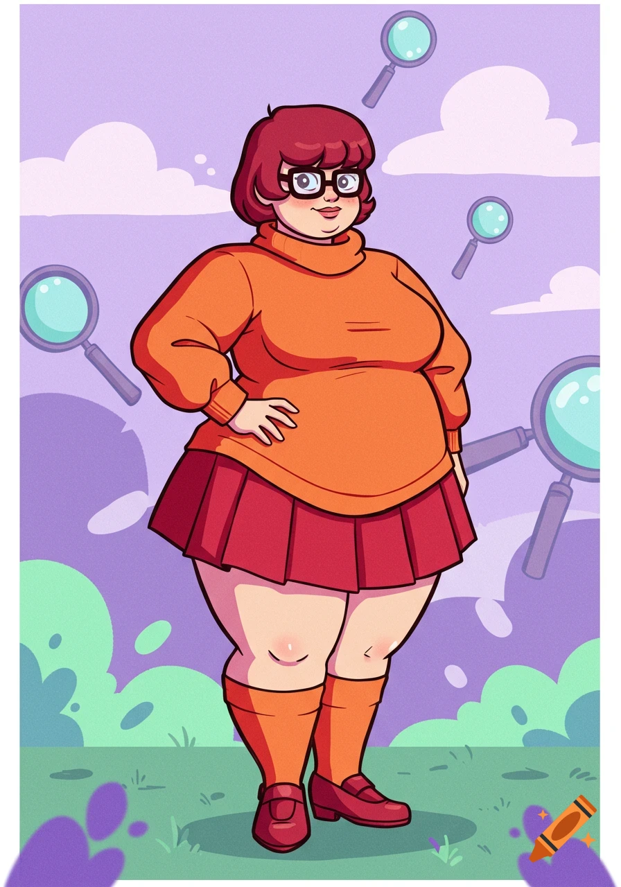 2D cartoon of a plus-size Velma from Scooby-Doo, wearing her signature orange turtleneck and red skirt, standing confidently in a purple landscape with magnifying glasses.