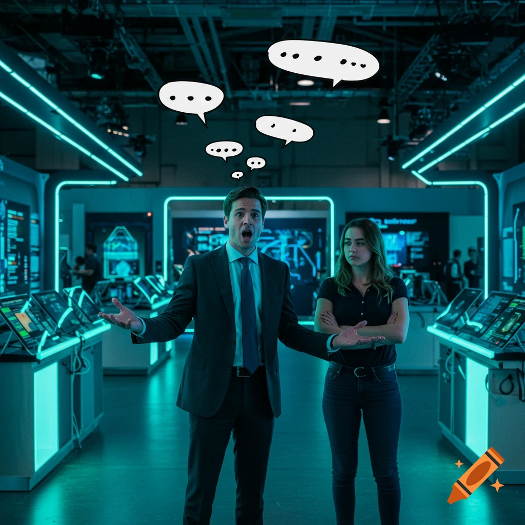 Photorealistic image of a man talking excitedly in a neon-lit tech lab with speech bubbles above his head, while a woman beside him looks unimpressed.