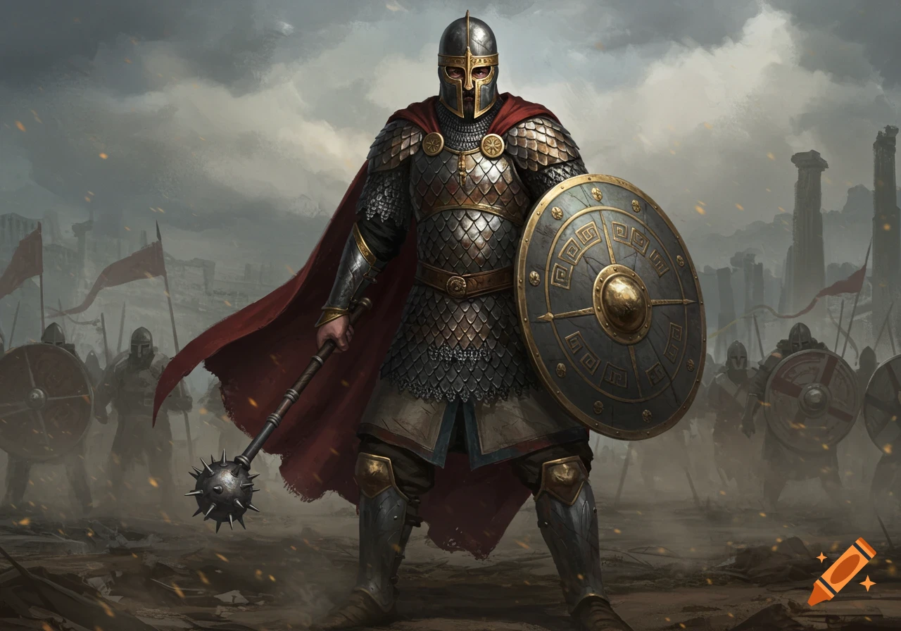 A medieval warrior in Byzantine lamellar armor, holding a mace and shield on a battlefield, digital art.