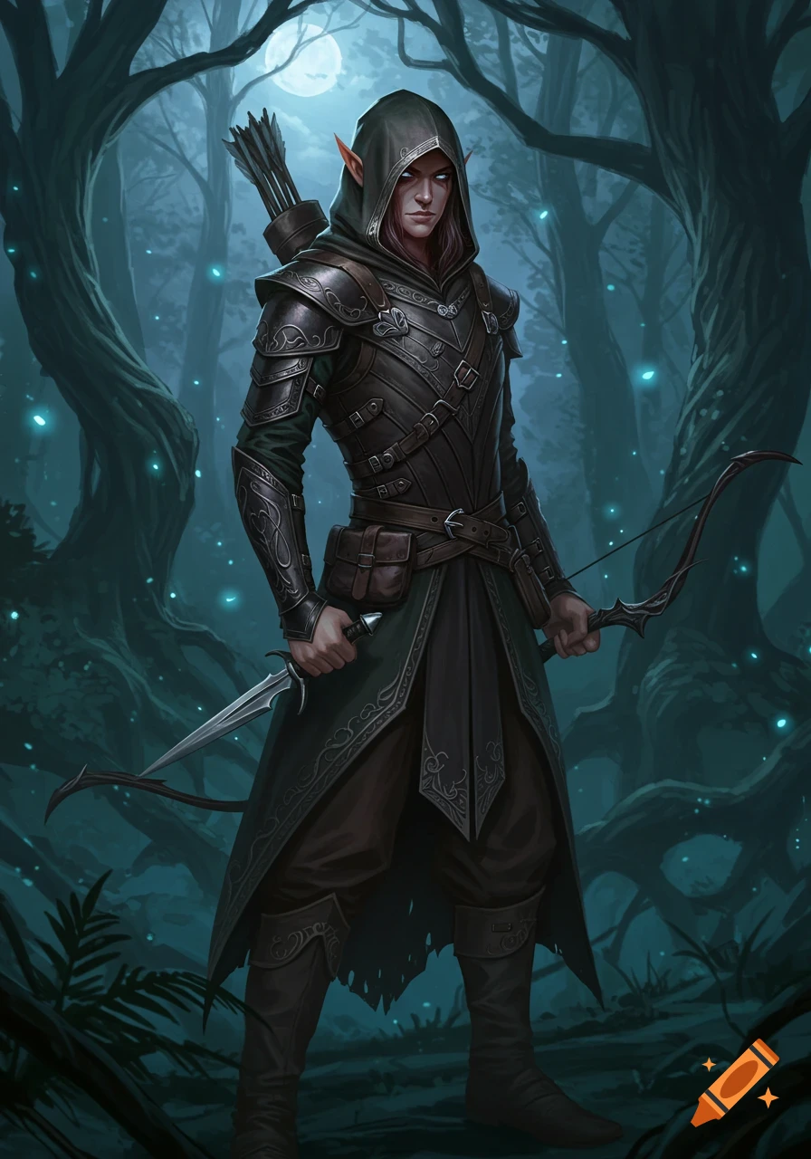 A dark-clad elven ranger with a hood and leather armor stands in a moonlit forest, holding a dagger and a bow.
