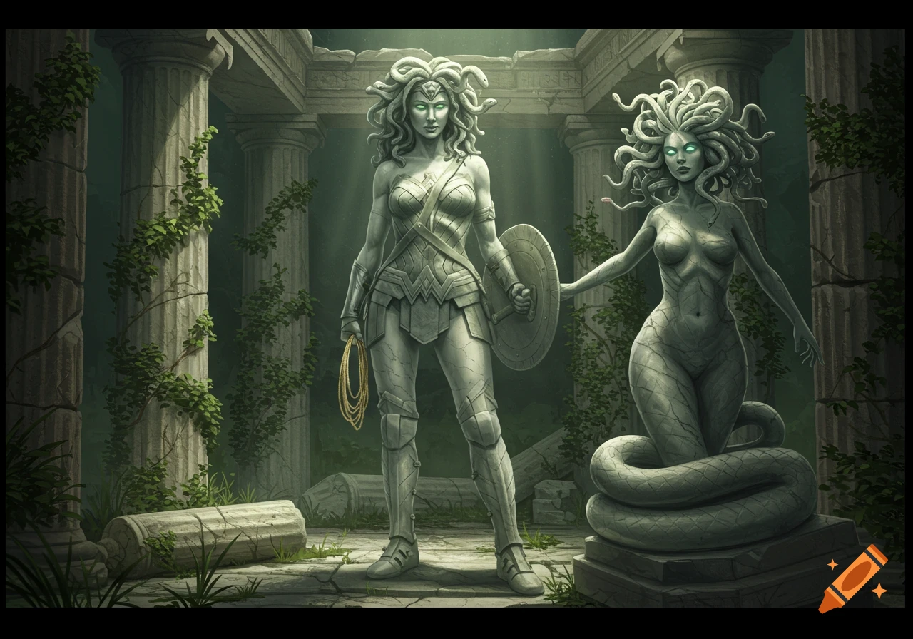 Stone statues of Wonder Woman and Medusa stand among overgrown ancient Greek ruins in a fantasy illustration.