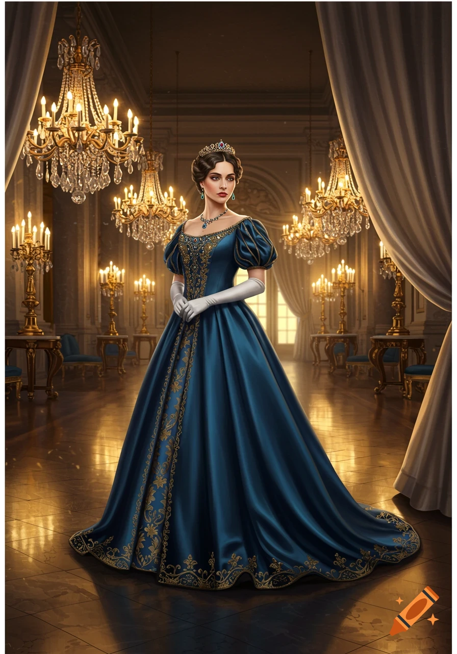 A regal woman in an elaborate blue gown and crown stands in a grand, chandelier-lit hall.