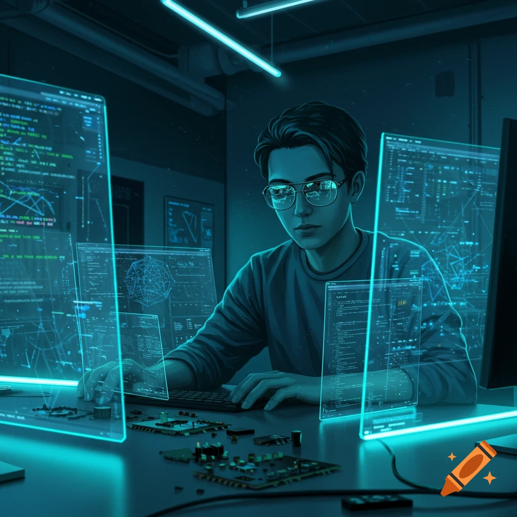 A young person in glasses works at a desk with glowing holographic screens displaying code in a dark, futuristic digital art style.
