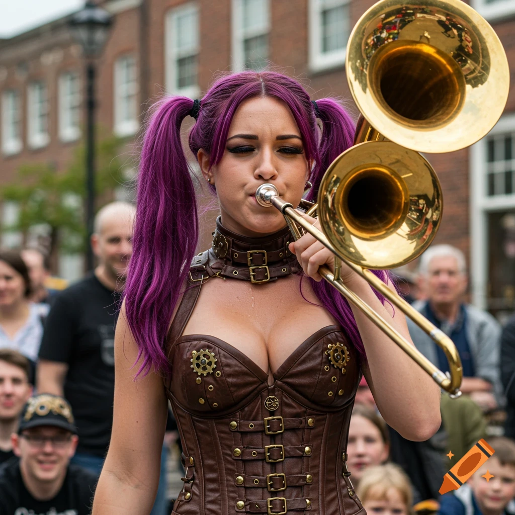 A woman with purple pigtails in a low-cut steampunk corset plays a trombone on a street.