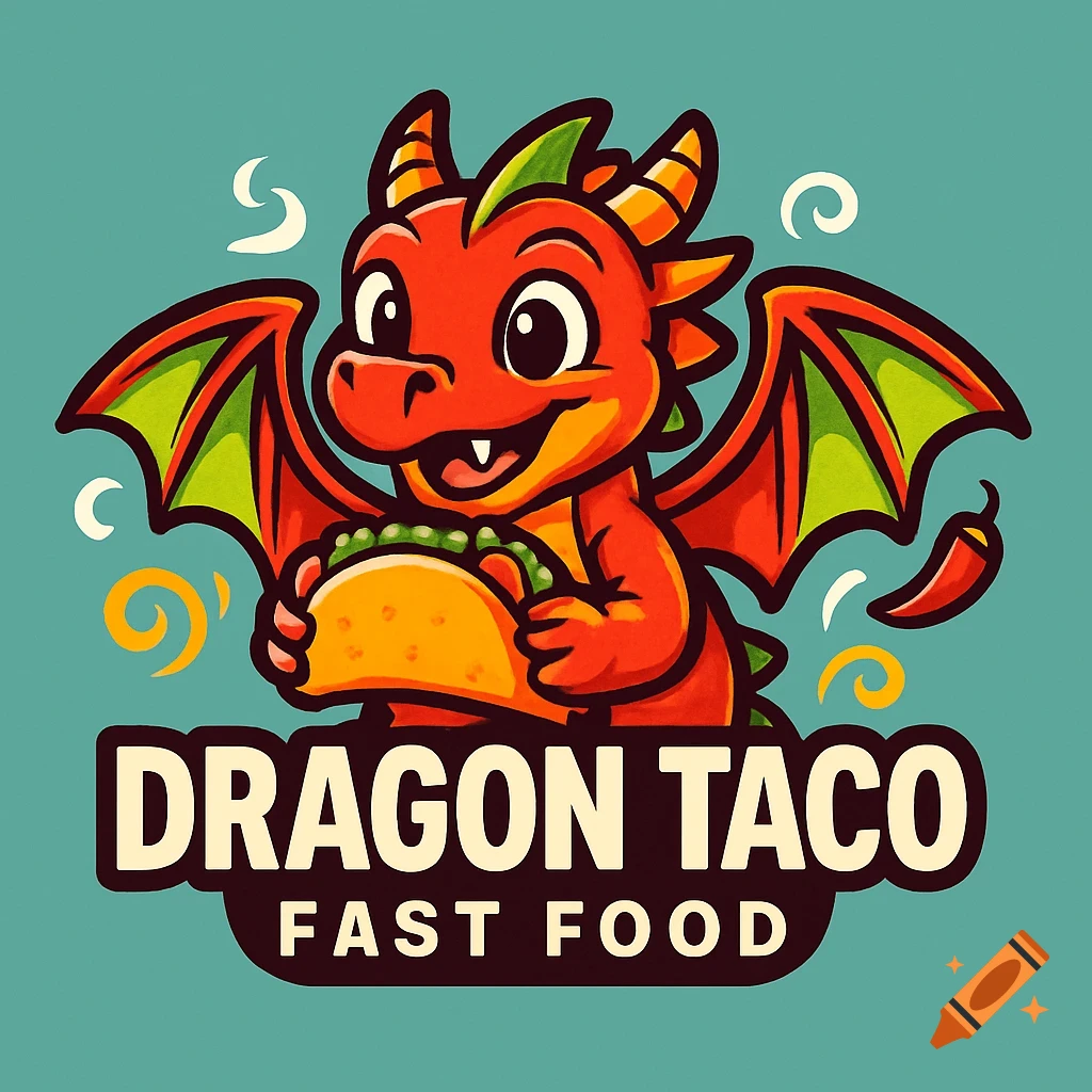 A cute red cartoon dragon mascot holding a taco, with text "DRAGON TACO FAST FOOD" below it, on a teal background.