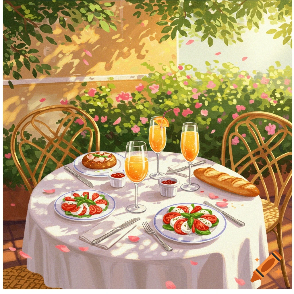 Stylized illustration of an outdoor table set for lunch with caprese salads, bread, and orange drinks, under dappled sunlight and green foliage.