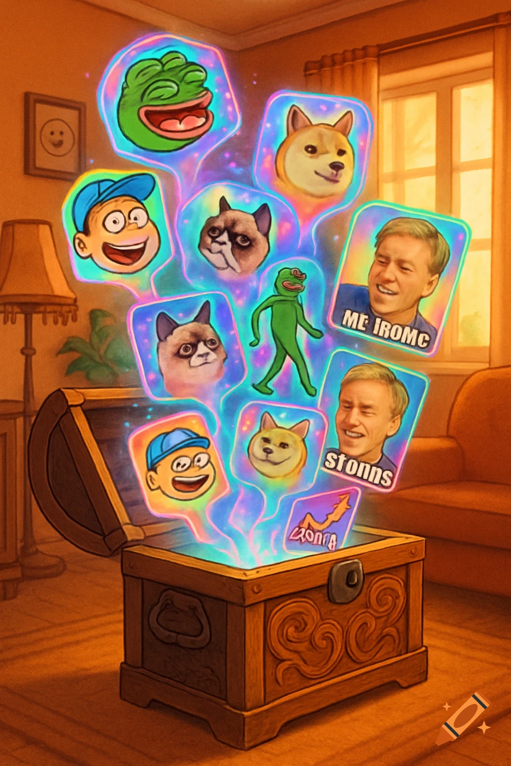 An open glowing wooden treasure chest emitting various colorful meme images like Pepe the Frog, Doge, Grumpy Cat, and a cartoon boy, in a room.