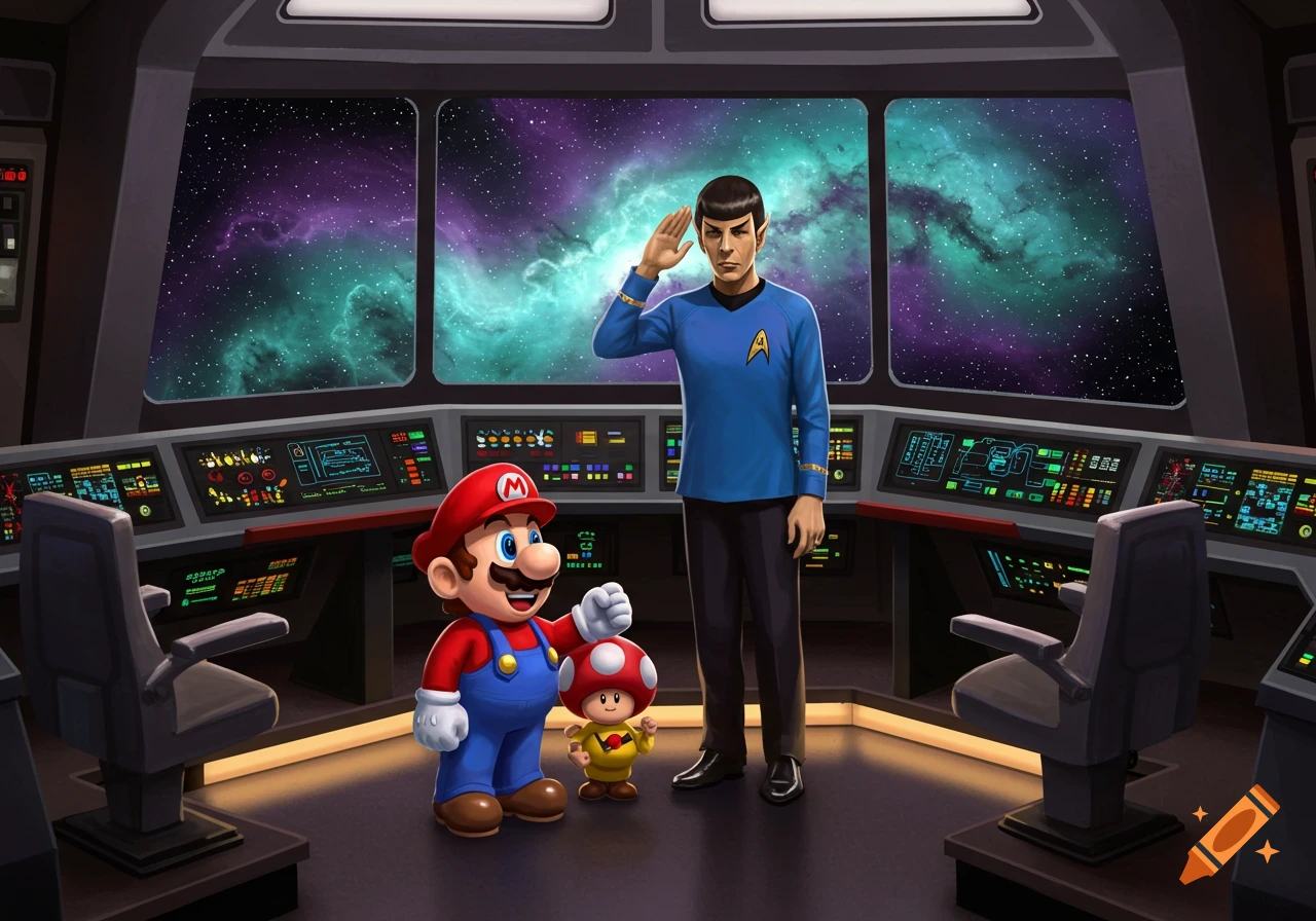 Mario and Toad stand on the bridge of a Star Trek spaceship with Mr. Spock, who is giving a Vulcan salute, with a galaxy visible through the windows.