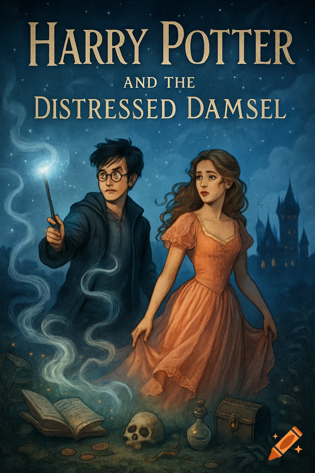 Harry Potter and a distressed woman in a magical forest at night, holding a glowing wand, with a castle in the background. Fantasy book cover art.