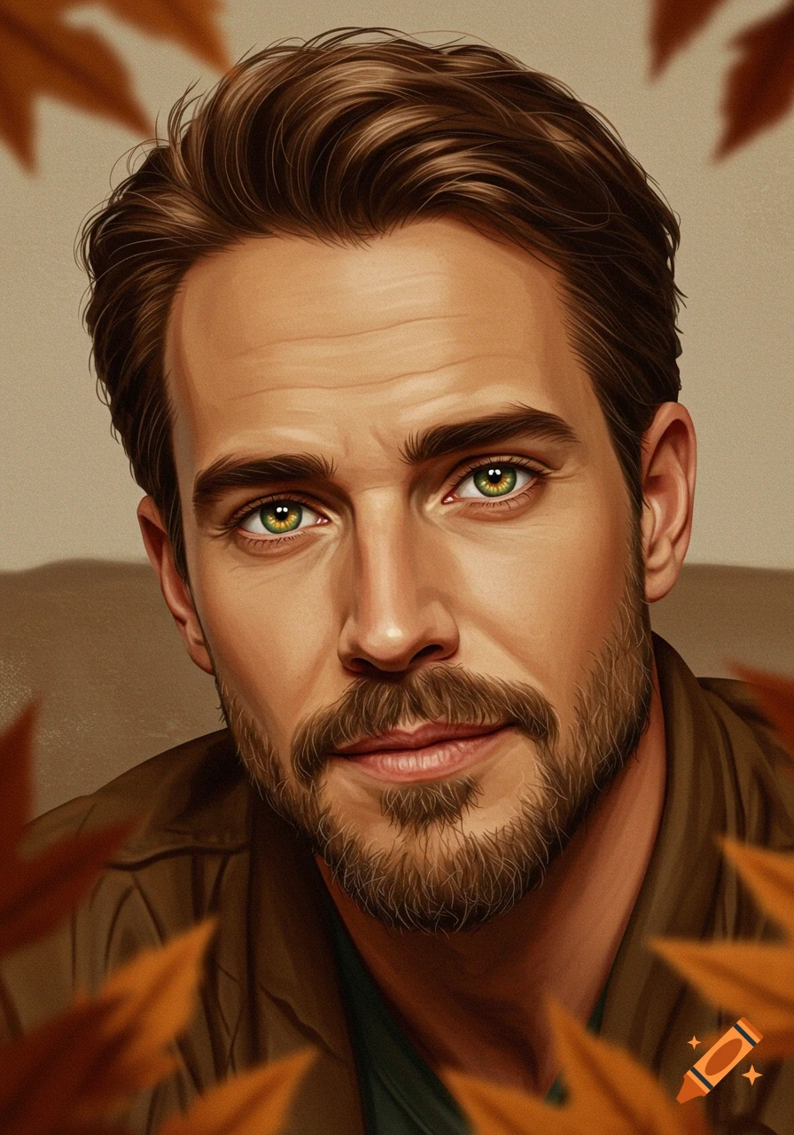 Close-up portrait illustration of a man with brown hair, a goatee, and vibrant green eyes, framed by autumn leaves.