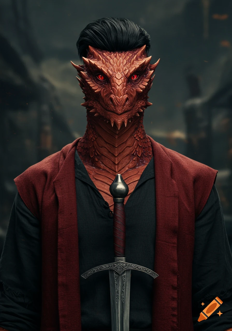 Photorealistic portrait of a red-scaled dragon-like humanoid with black hair and red eyes, wearing a black shirt and maroon overcoat, holding a sword.