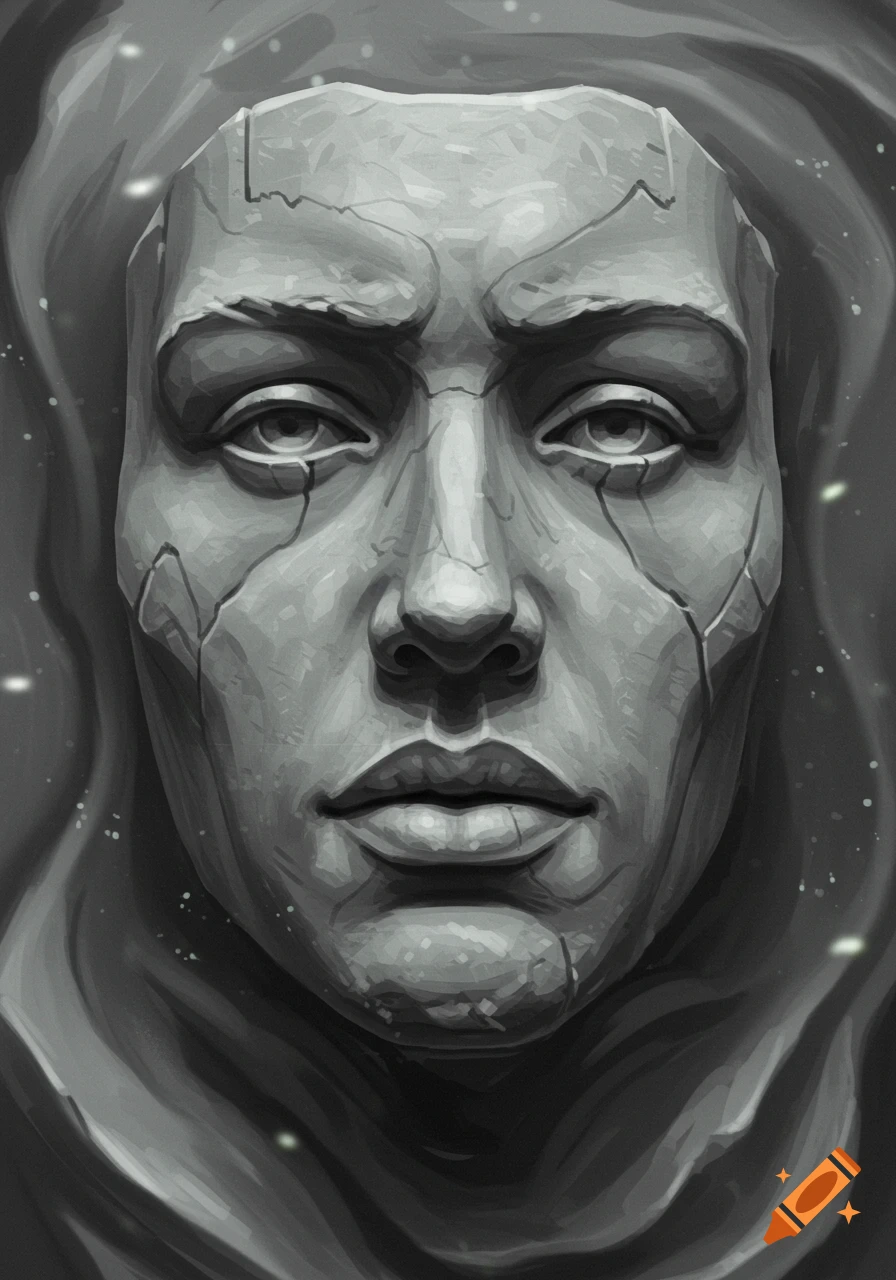 Close-up digital art portrait of a cracked stone face with a stoic expression, against a dark, glowing background.