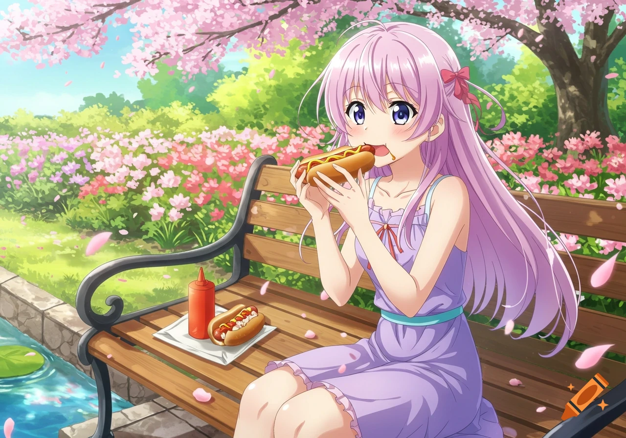 An anime girl with long pink hair sits on a park bench, eating a hot dog under cherry blossoms.