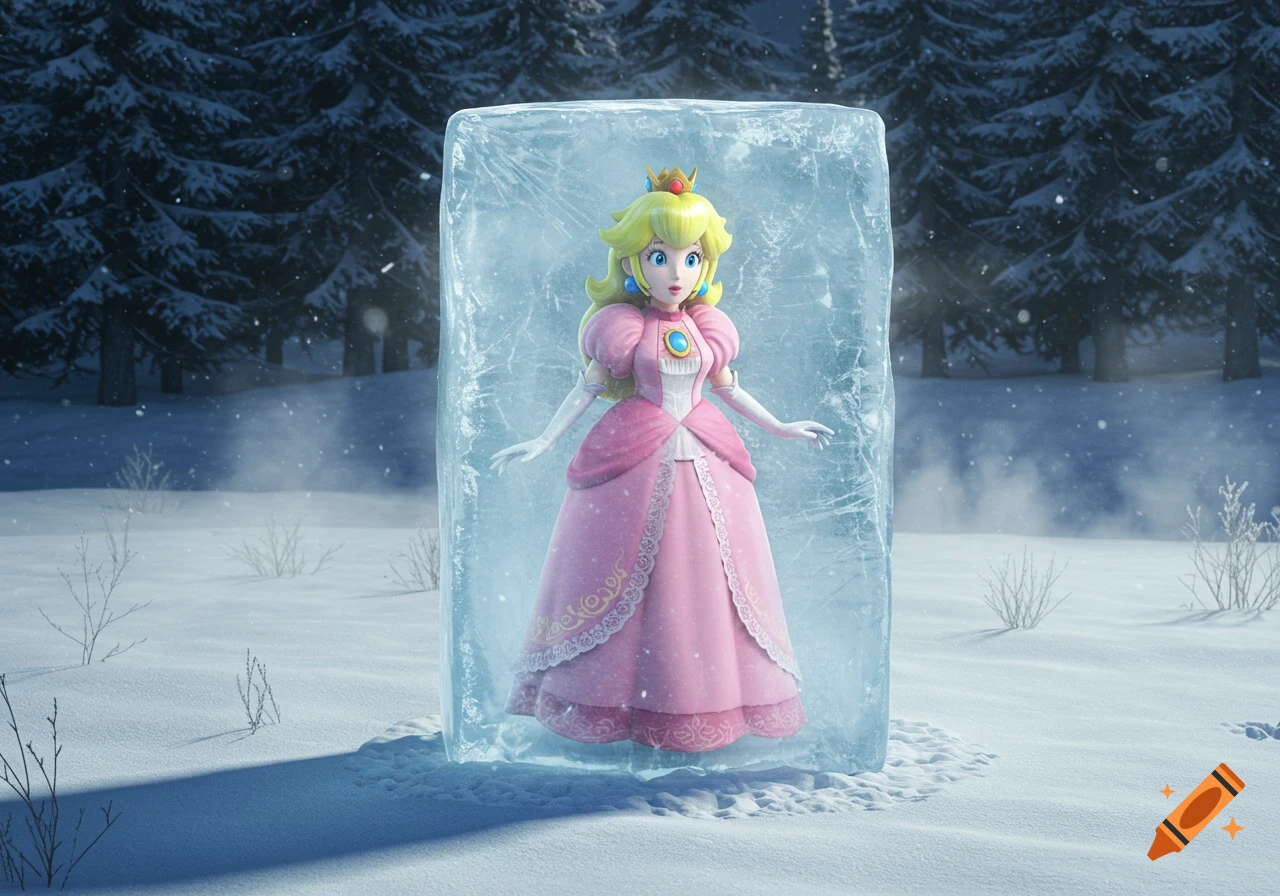 Princess Peach frozen in a large block of ice in a snowy forest, rendered in a realistic digital art style.