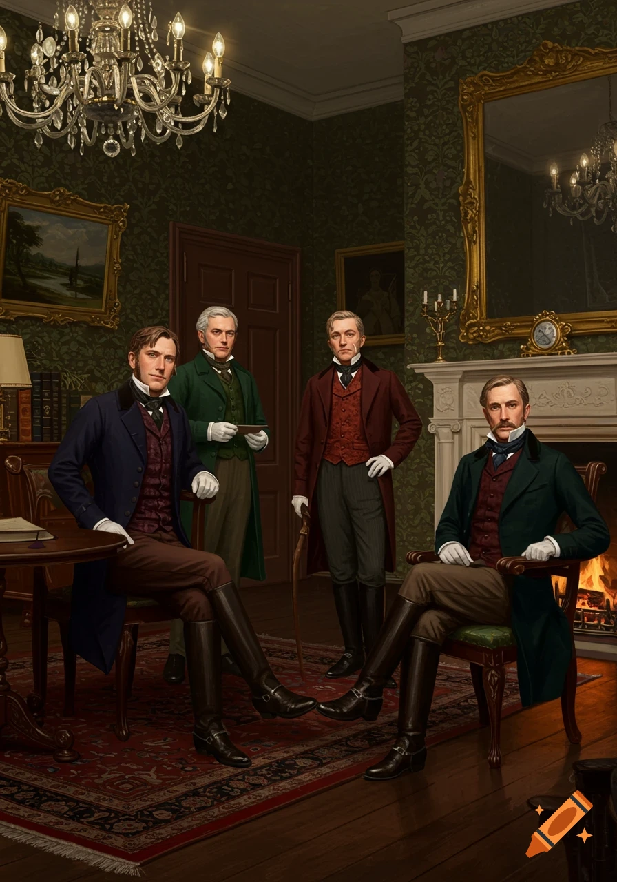 Four men in 19th-century formal attire pose in a lavish drawing-room with a fireplace and chandelier.