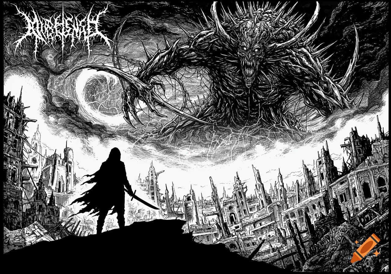 A detailed black and white illustration in manga style. A cloaked figure with a sword stands on a hill overlooking a ruined city, facing a giant, thorny, demonic monster in a stormy sky with a stylized band logo above.