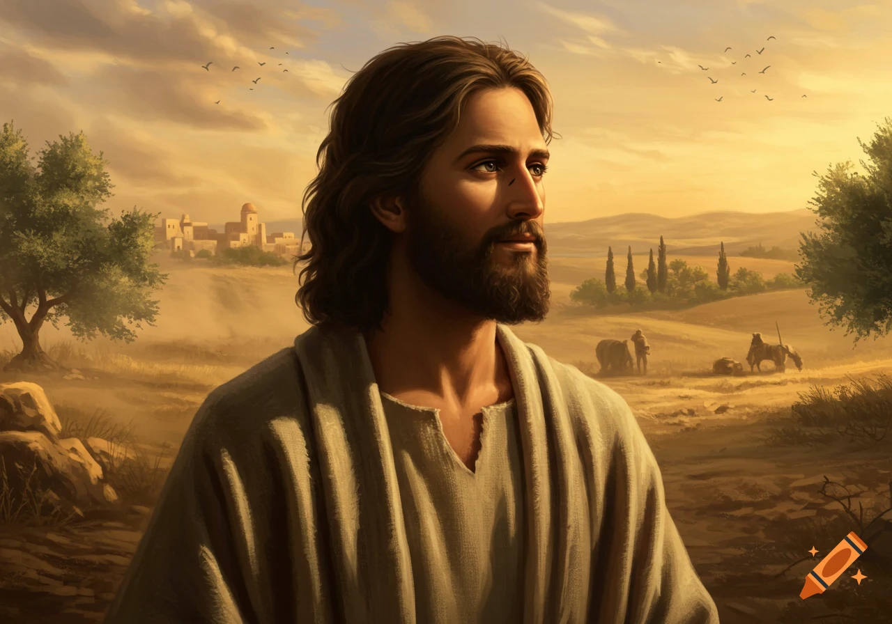 Realistic painting of Jesus Christ with a beard and long hair, looking right in a golden desert landscape with a town.