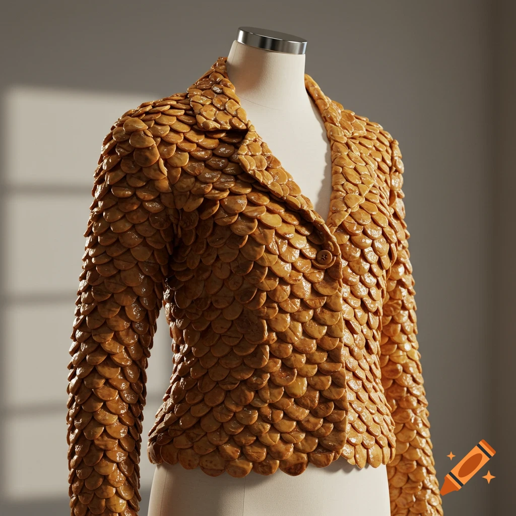 Photorealistic image of a jacket made entirely of textured, golden-brown potato peelings, displayed on a mannequin.
