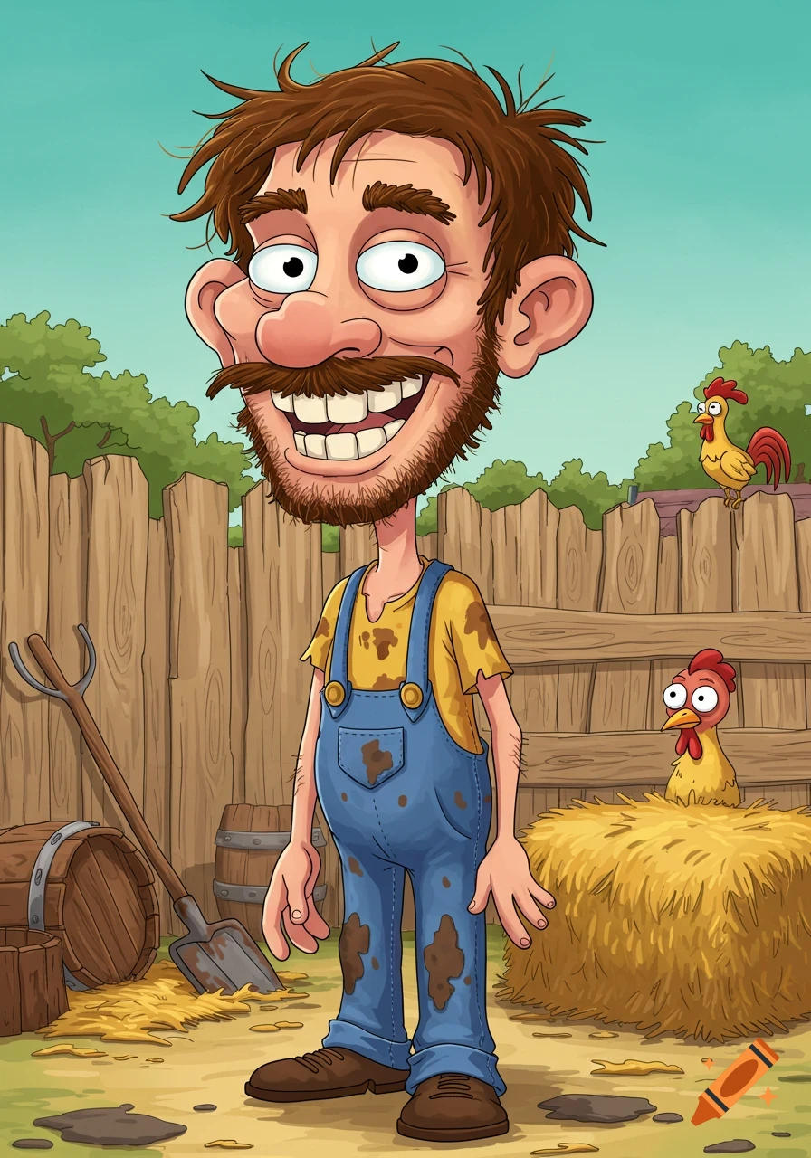 A cheerful, cartoonish farmer in muddy overalls stands in a farmyard with chickens, a fence, and farm tools.