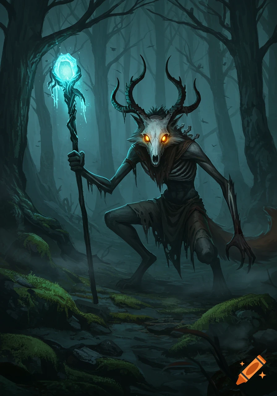 Skeletal, horned fox-like creature with glowing eyes crouches in a misty forest, holding a glowing staff. Dark fantasy art.