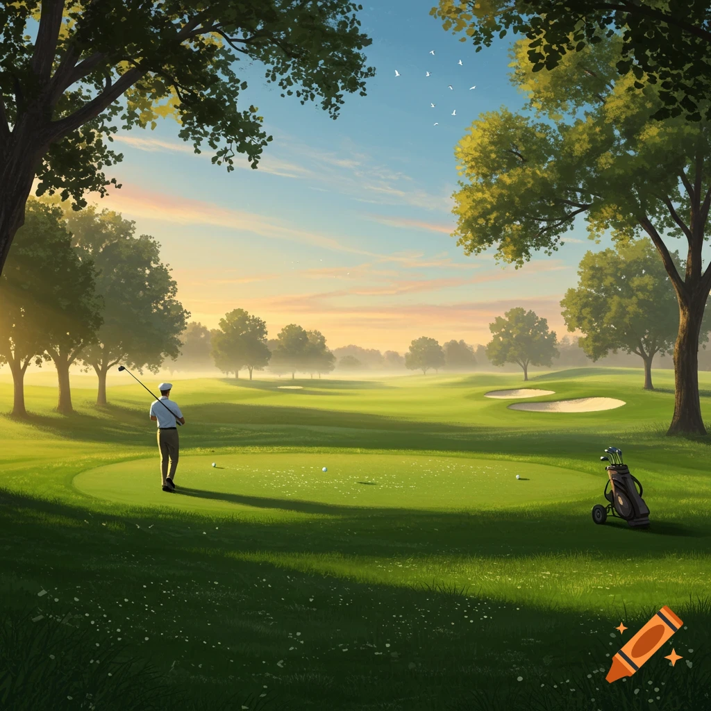 Illustrative painting of a golfer on a misty green golf course at sunrise, with trees framing the scene.