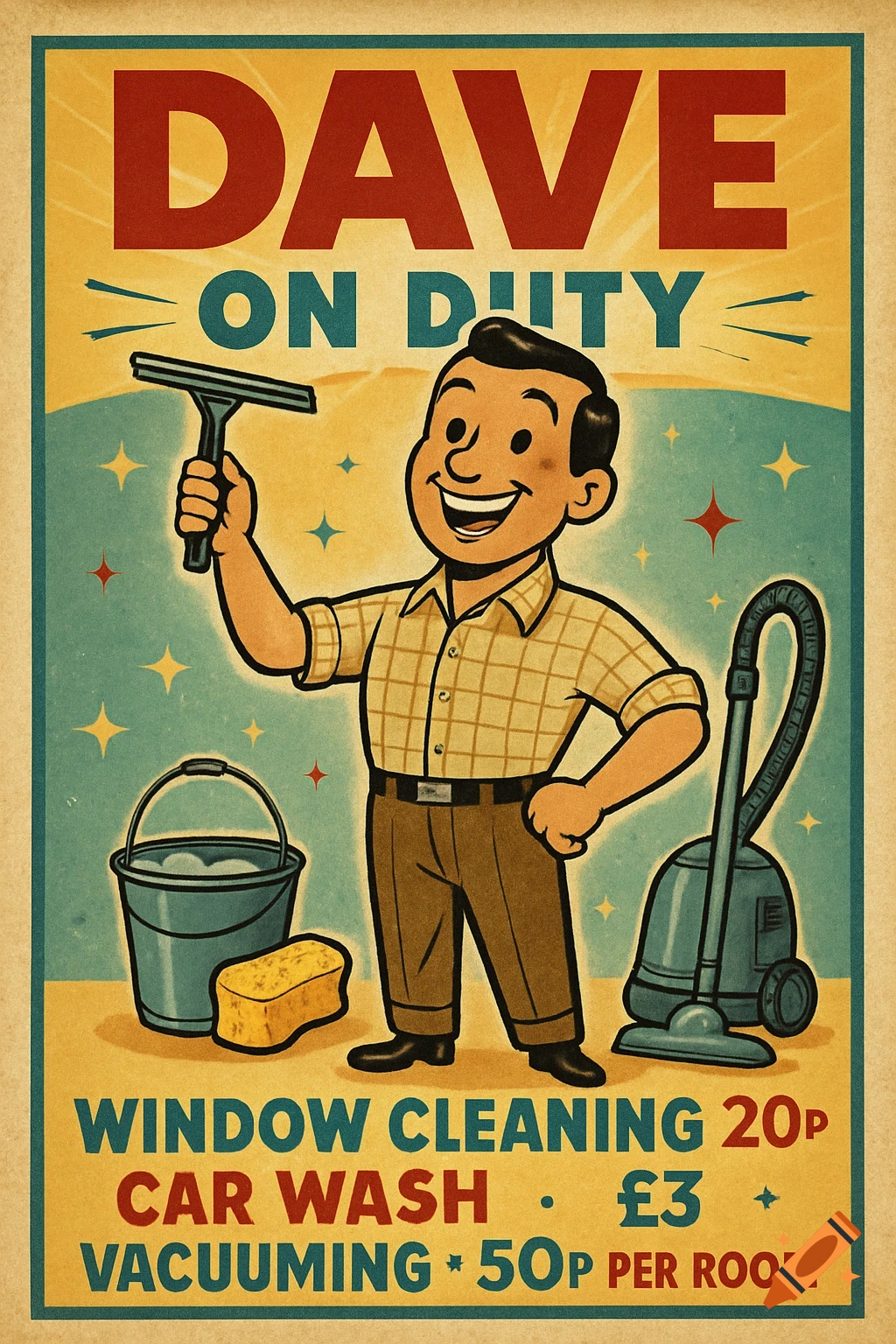 A retro-style poster for 'Dave on Duty' with a cheerful cartoon man holding a window squeegee. A bucket, sponge, and vacuum cleaner are also shown. Prices for window cleaning, car wash, and vacuuming are listed.