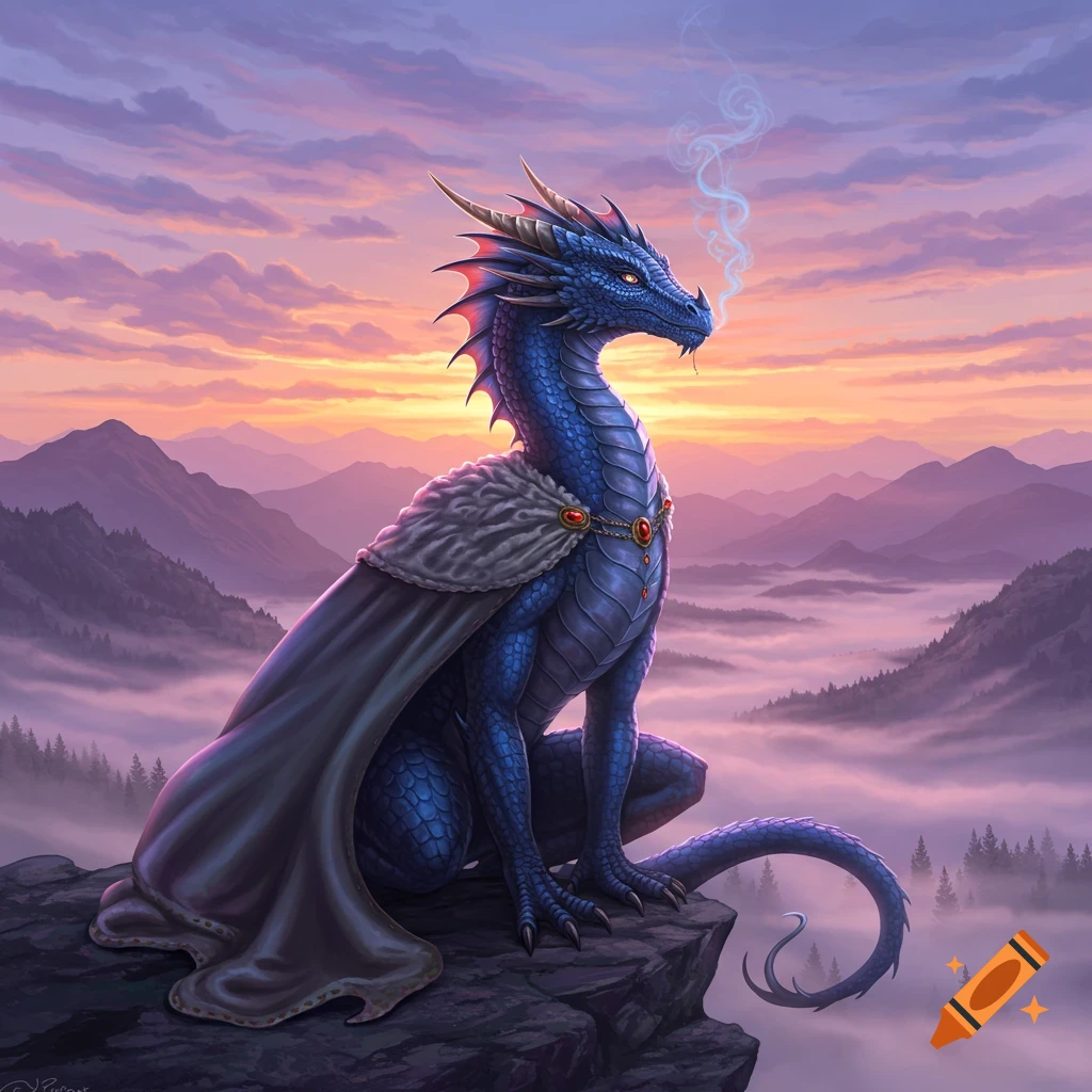 A majestic blue dragon with a regal cloak sits on a mountain peak overlooking a misty valley at sunset, with smoke curling from its nostrils.