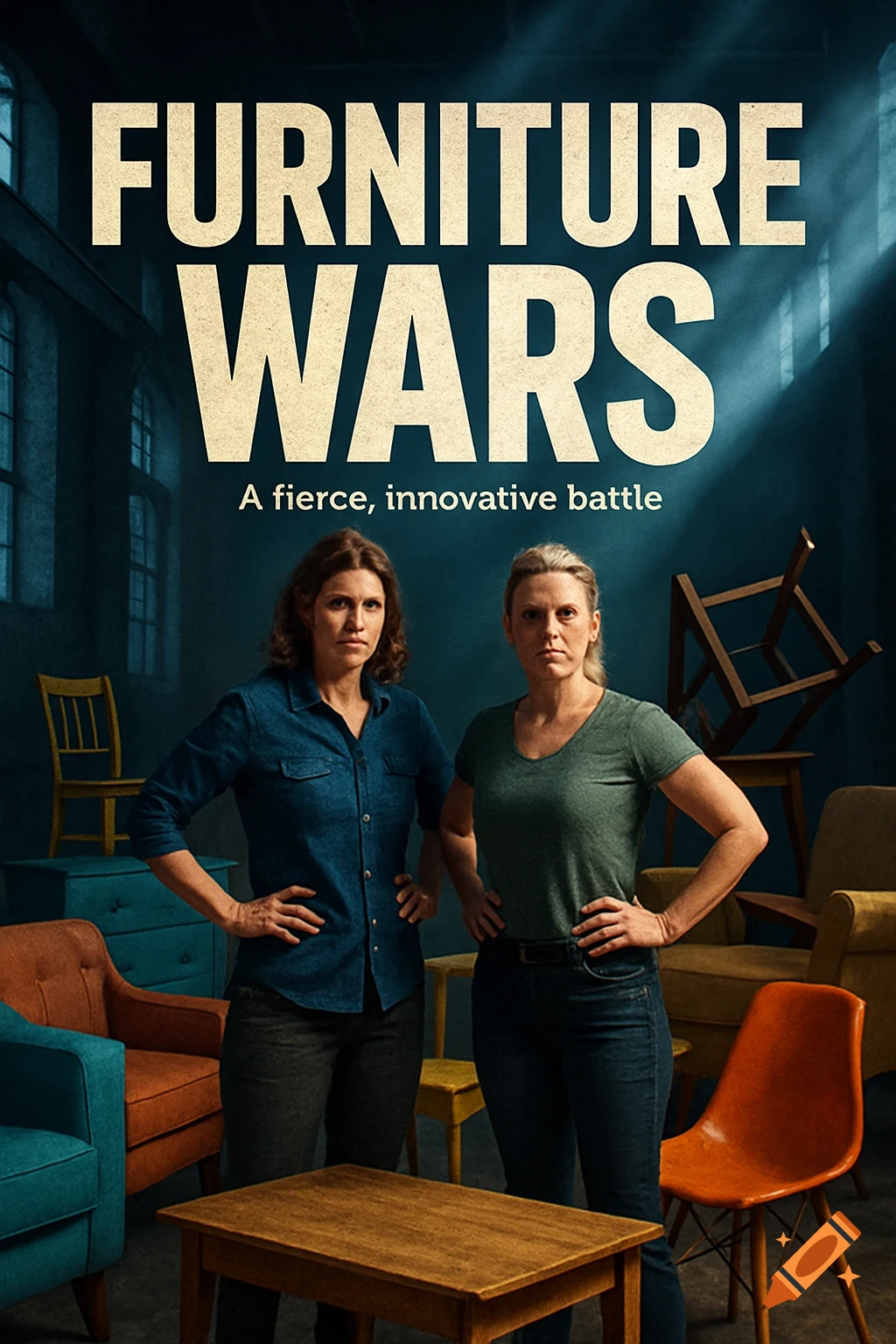 A TV show poster shows two women standing sternly in a room with mismatched furniture, with the title 'FURNITURE WARS'.
