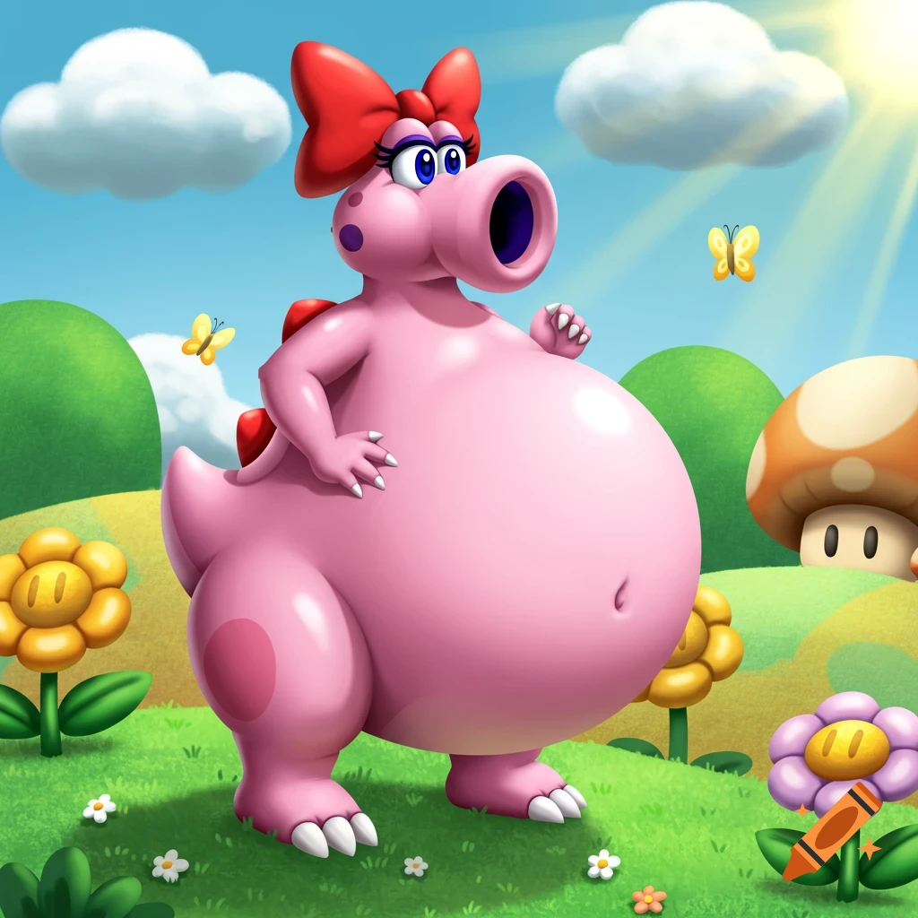 Birdo from Super Mario with a large, inflated pink belly stands in a bright green field with flowers, hills, and a mushroom.