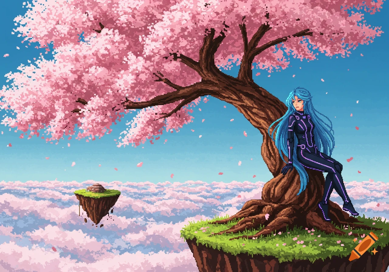 A pixel art image of a woman with long blue hair in a futuristic suit sitting under a cherry blossom tree on a floating island.