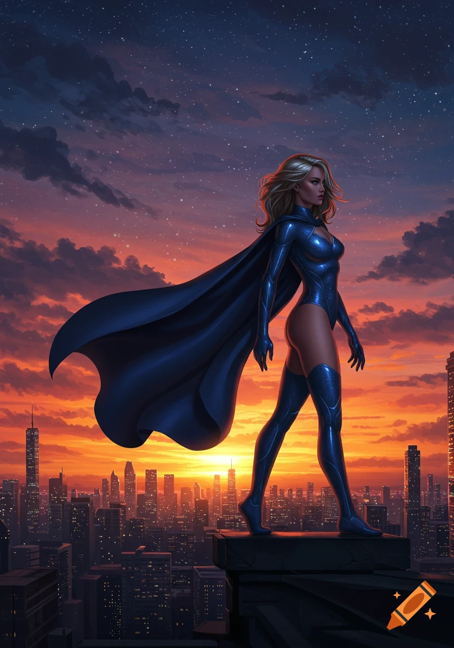 A superheroine in a blue suit and flowing cape stands on a city rooftop against a vibrant sunset sky, digital art.