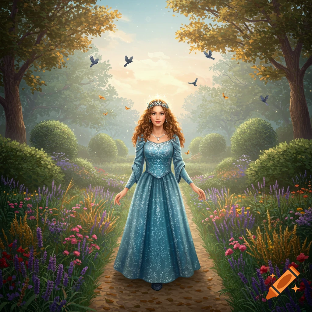 A princess with long, curly hair and a blue gown walks down a flowering path in an enchanted forest, with birds flying above.
