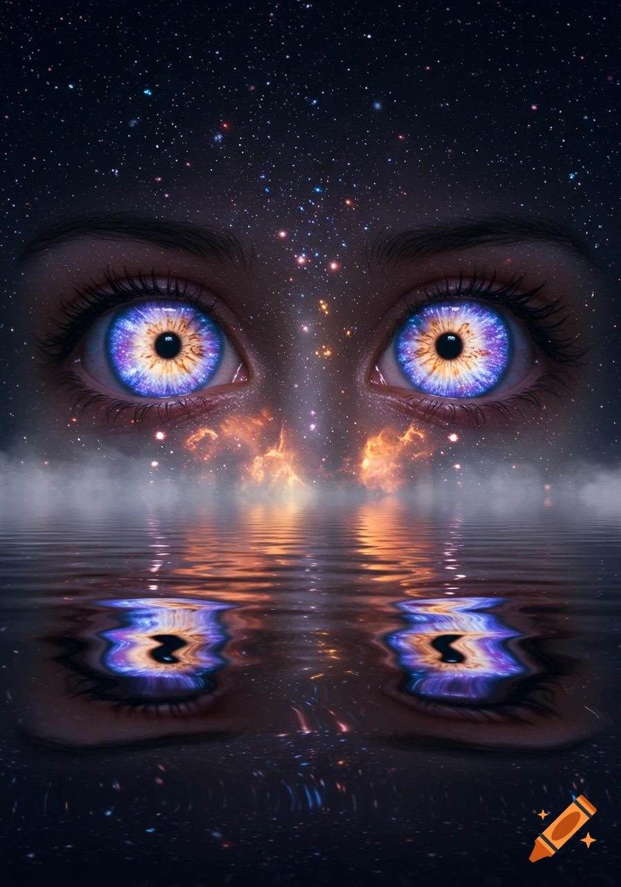 Close-up of human eyes with galaxy-like irises and cosmic reflections, above a body of water reflecting the starry sky.