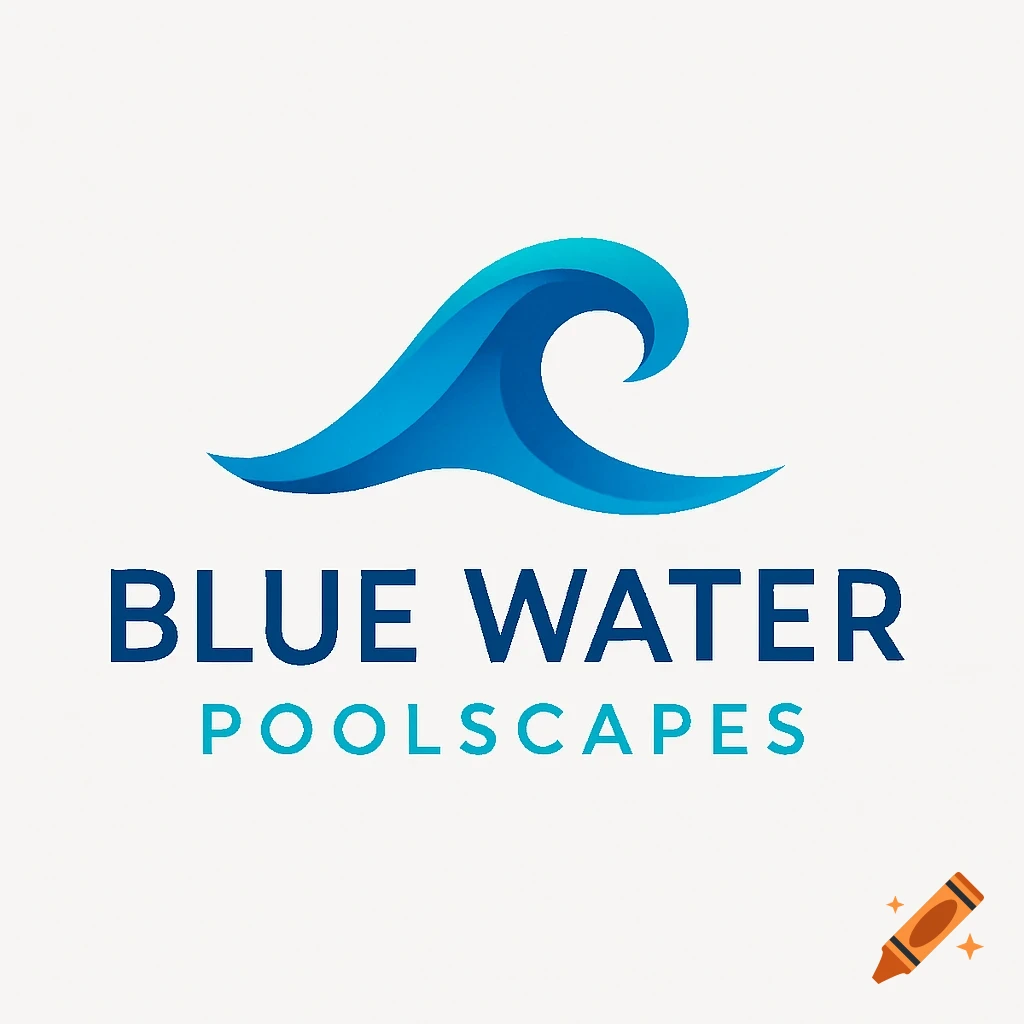 A stylized blue wave logo above the text "BLUE WATER" and "POOLSCAPES" on a white background.