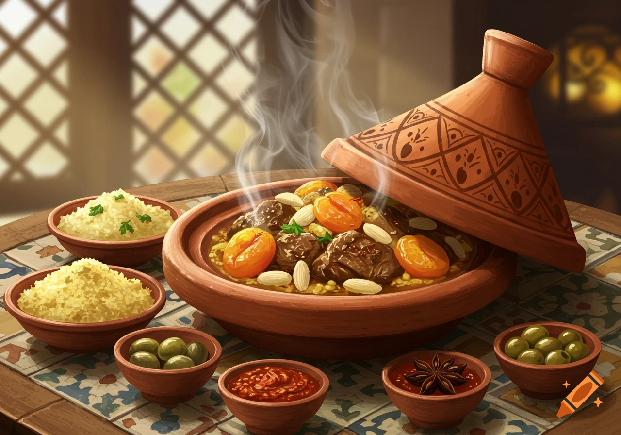 A steaming Moroccan tagine with meat, apricots, and almonds, surrounded by bowls of couscous, olives, and sauce on a tiled table.