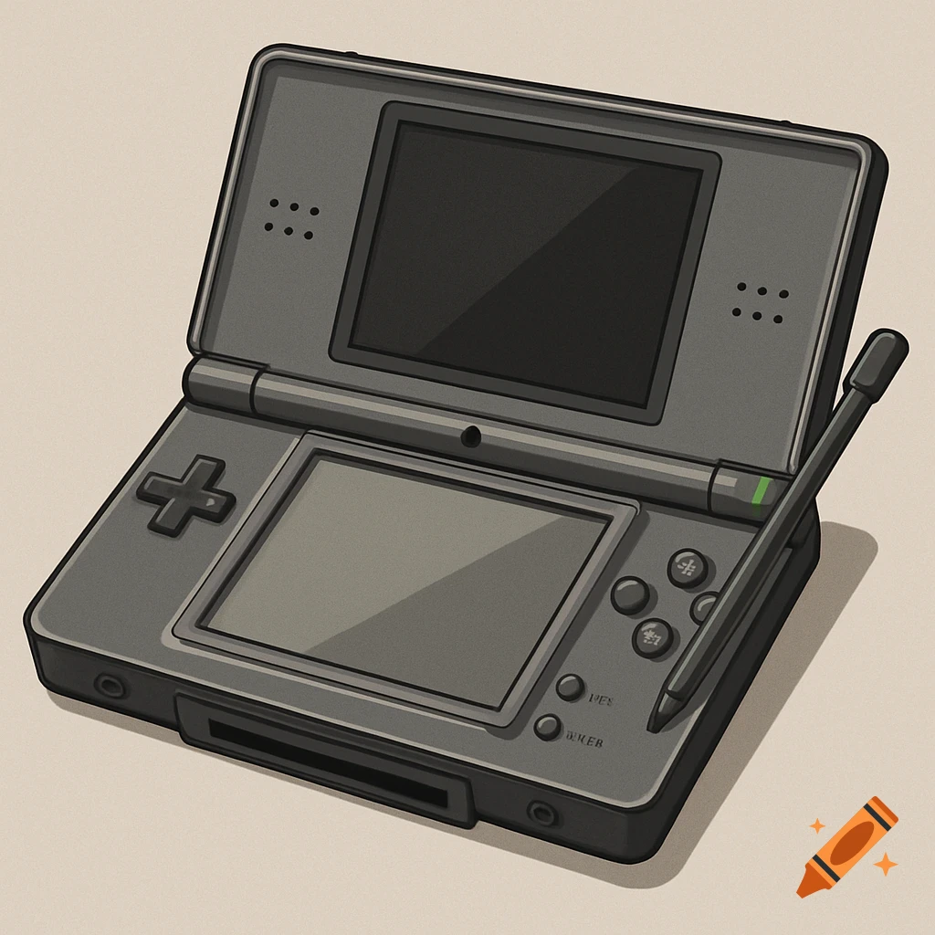 An illustration of an open gray Nintendo DS handheld console, shown from a slightly elevated perspective with its stylus.