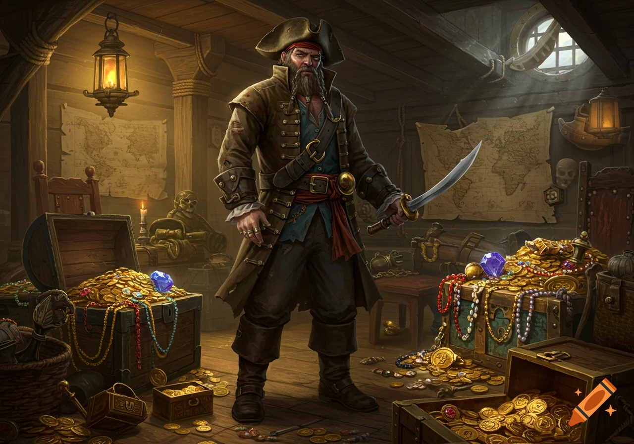 A fierce pirate captain with a cutlass stands in a dimly lit ship's hold, surrounded by open treasure chests overflowing with gold coins and jewels.