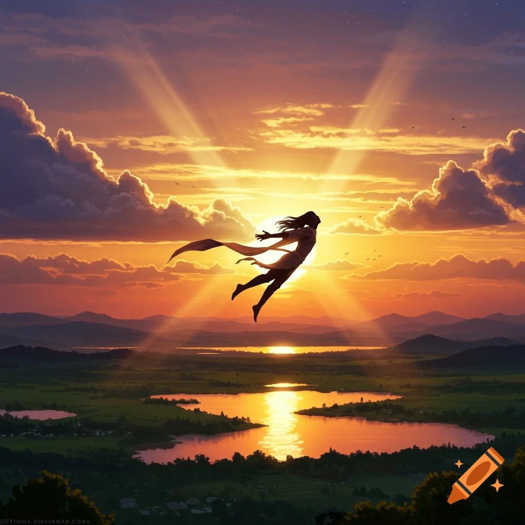 A person flies gracefully across a vibrant sunset sky over a lush landscape with lakes.